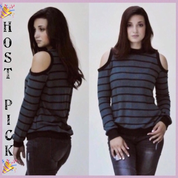 TEAL GREEN STRIPE COLD SHOULDER WAFFLE KNIT TOP - Picture 2 of 11